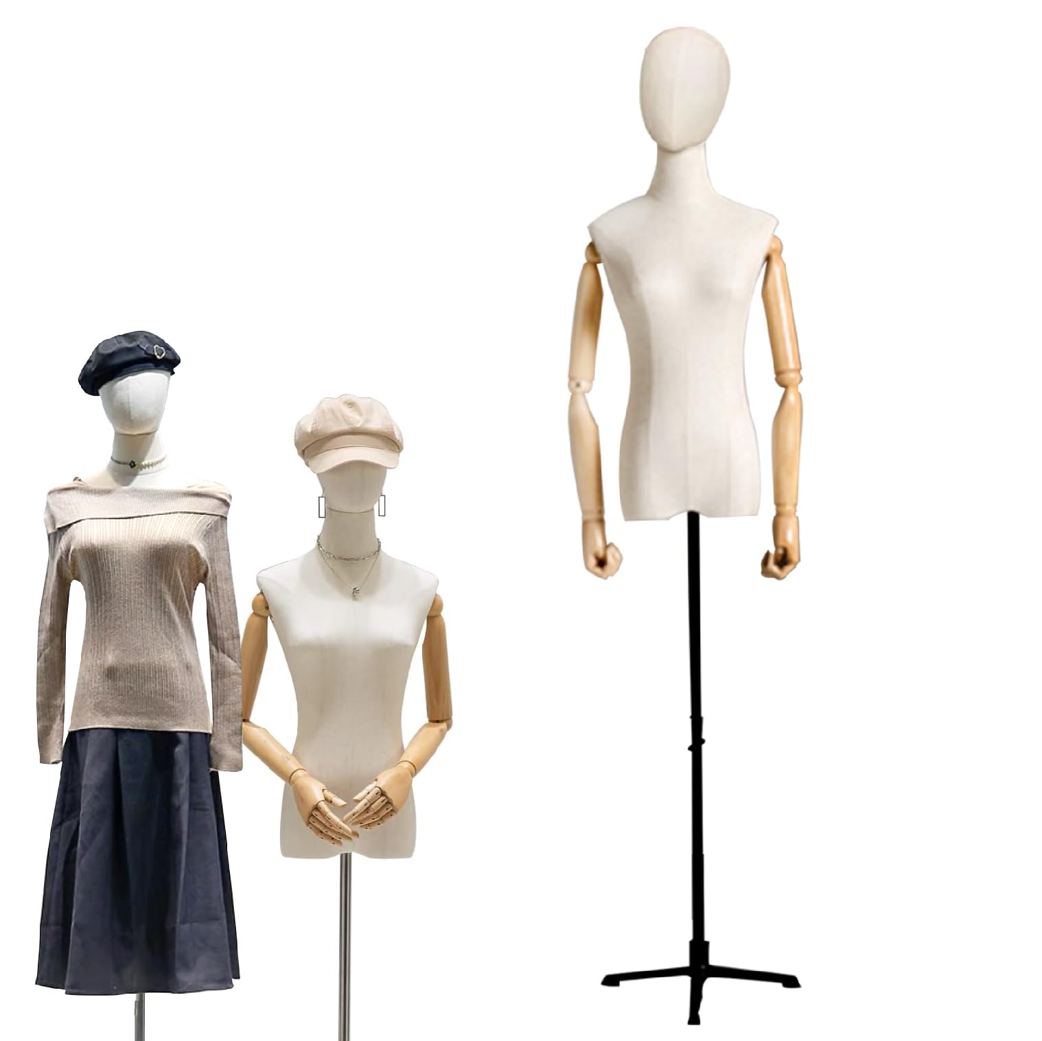 Kurflo Schaufensterpuppe Körper Weiblich, Schneiderpuppe mit abnehmbarem Kopf, Damenbüste mit flexiblen Armen, Mannequin Torso mit Verstellbare Höhe 132-190cm