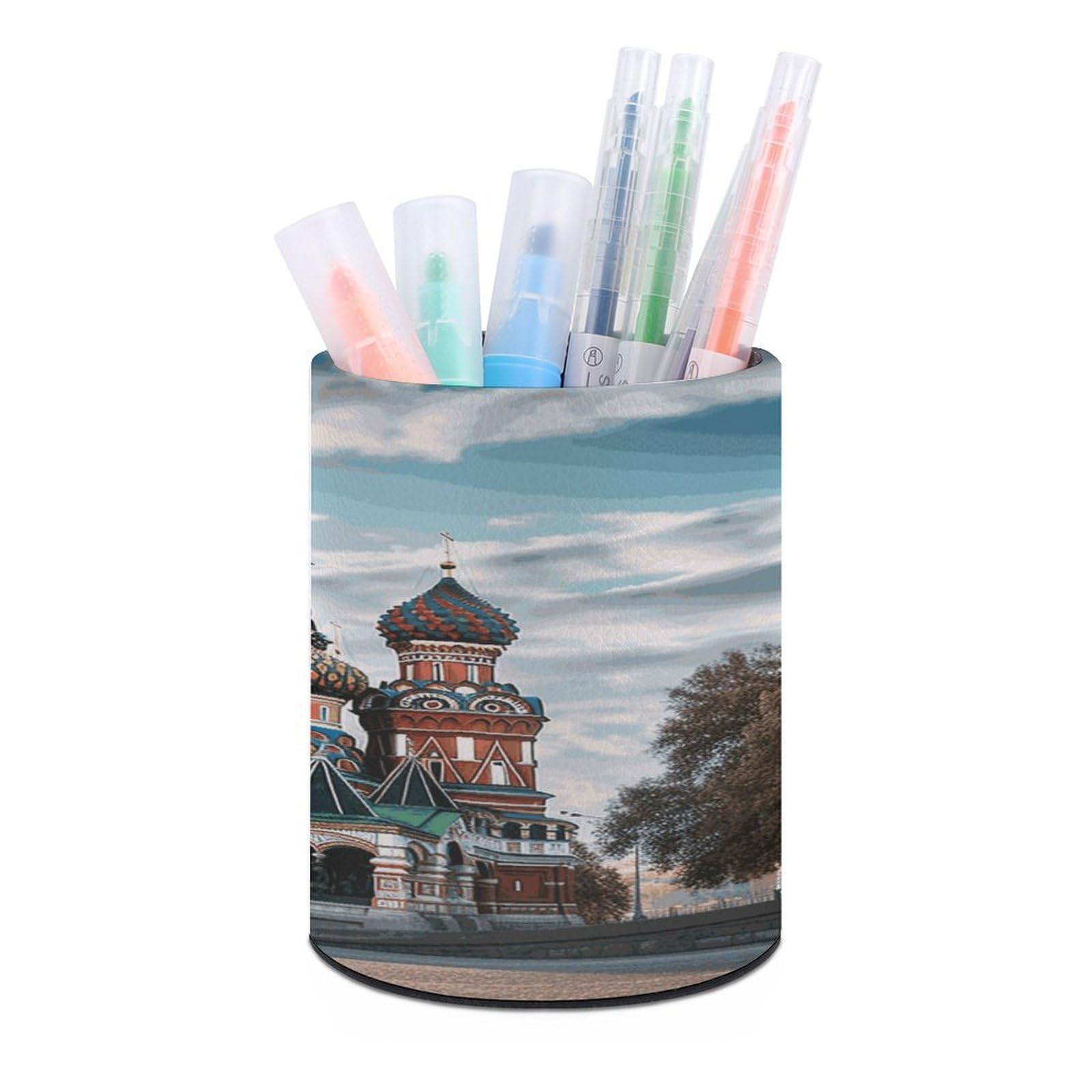 Adfgyerh Style St Basil Cathedral Red Square In Moscow Pen Holder，Made Of Pu Leather,Pencil Holder，The Interior And Bottom Are Made Of Paper Drums.for Your Desk, Dressing Table, Or Bathroom Counter.desk Organizer ，
