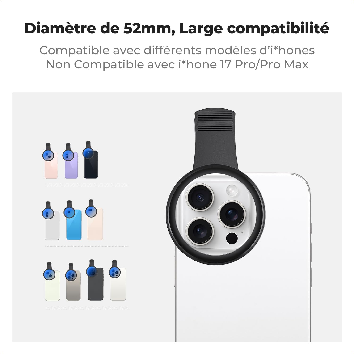 K&F CONCEPT 52mm Clip Filtre Polarisant CPL Amovible Compatible avec iPhone Téléphone Smartphones Objectifs et Un Chiffon