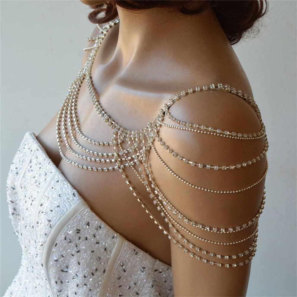 Sparkly Silver Rhinestone Shoulder Chain Layered Tennis Chain Body Chain Accessories Jewelry Crystal Bikini Chain for Women Brides Prom Costume(Silver 3)