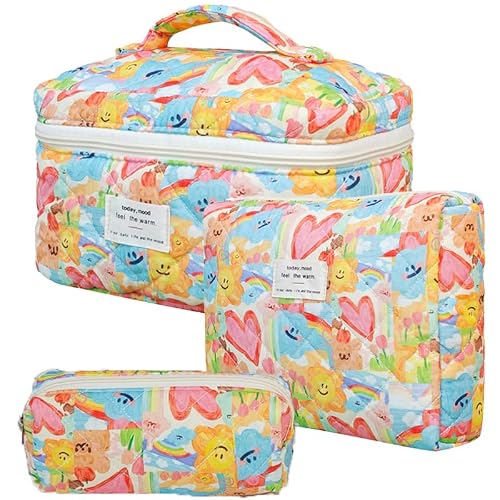 JINFANRUI Makeup Bag Set, 3 Pcs Quilted Makeup Bag Set, Large Floral Makeup Bag Travel Cosmetic Bag, Cute Cotton Cosmetic Bag, Polka Dot Makeup Bag Travel Toiletry Bag for Women (B)