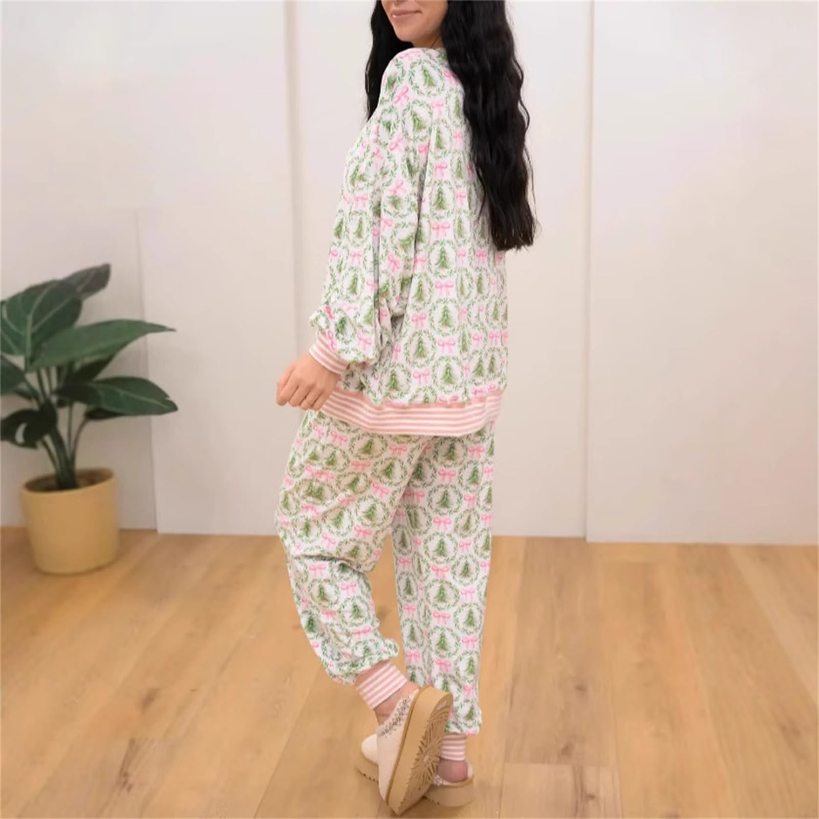 Generisch Pigiama natalizio con motivo natalizio e fiocchi, 2 pezzi, pigiama natalizio da donna, a maniche lunghe e pantaloni