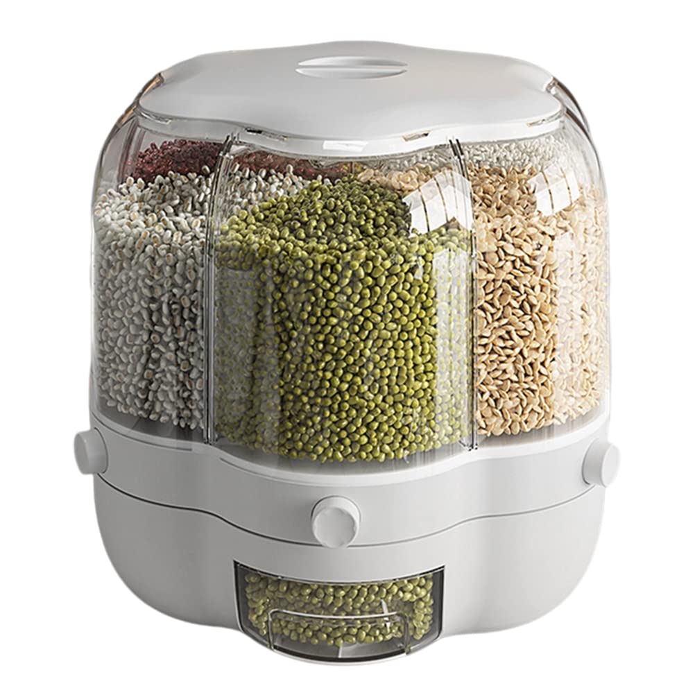 Dispensador de alimentos, Contenedor de almacenamiento de granos de alimentos, Dispensador de arroz giratorio de 6 rejillas de gran capacidad de 6.5L, Caja de almacenamiento de alimentos