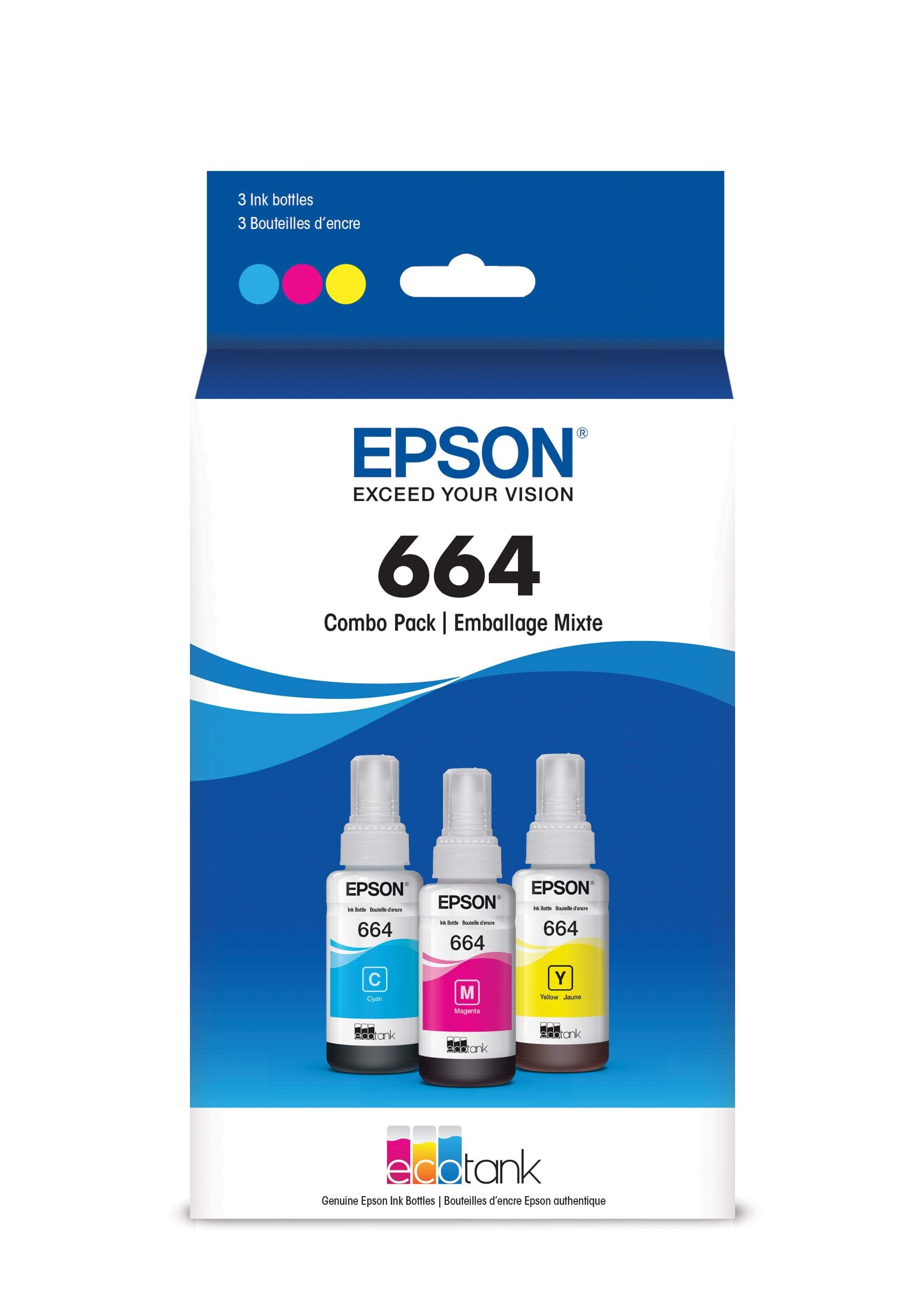 EPSON 664 EcoTank Ink Ultra-high Capacity Bottle Three Color CMY Combo Pack (T664520-S) Works with ET-2500, 2550, 4500, 4550, 2600, 2650, 3600, 16500