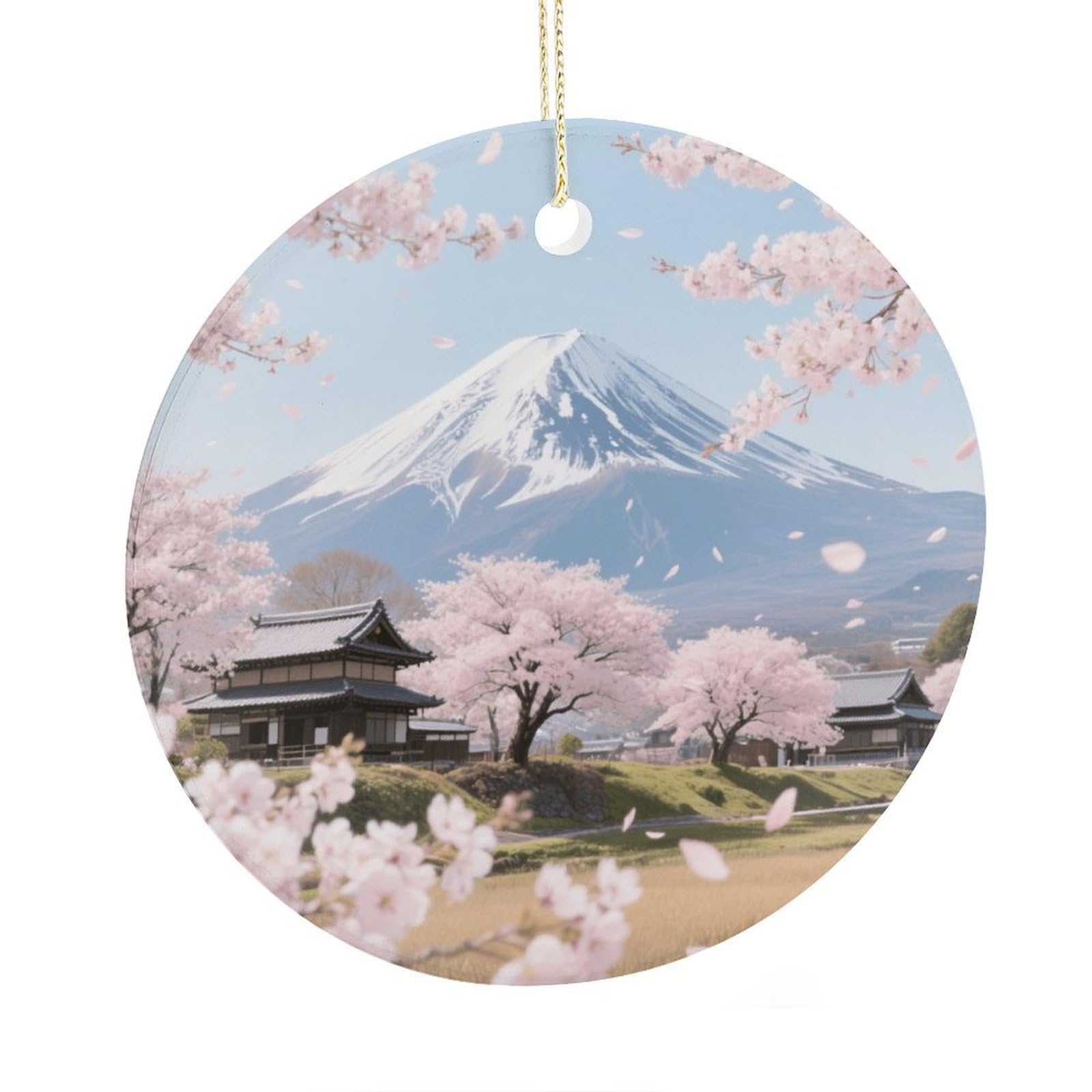 Fekiloot Style Mt. Fuji Cherry Blossoms Christmas Ornaments 2.9 Inch Round Ceramic Ornament Keepsake Thank You Gifts For Office, Room, Home - Holiday Present Ideas