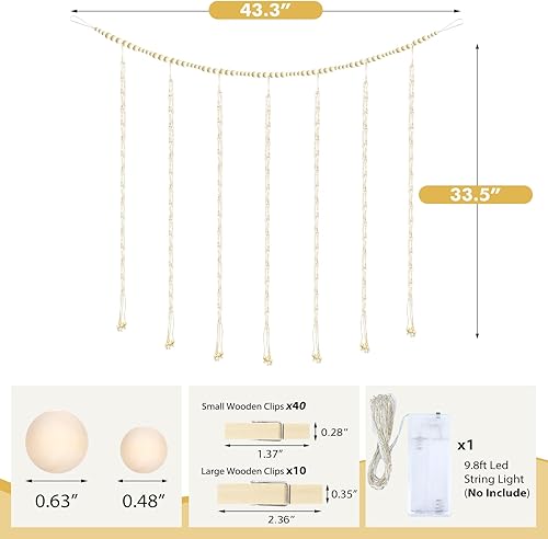 Miniatura 3 de Macramé colgante de fotos decoración de pared bohemia, soporte para tarjetas de Navidad con cadena de luces, colgador de fotos con 50 clips para