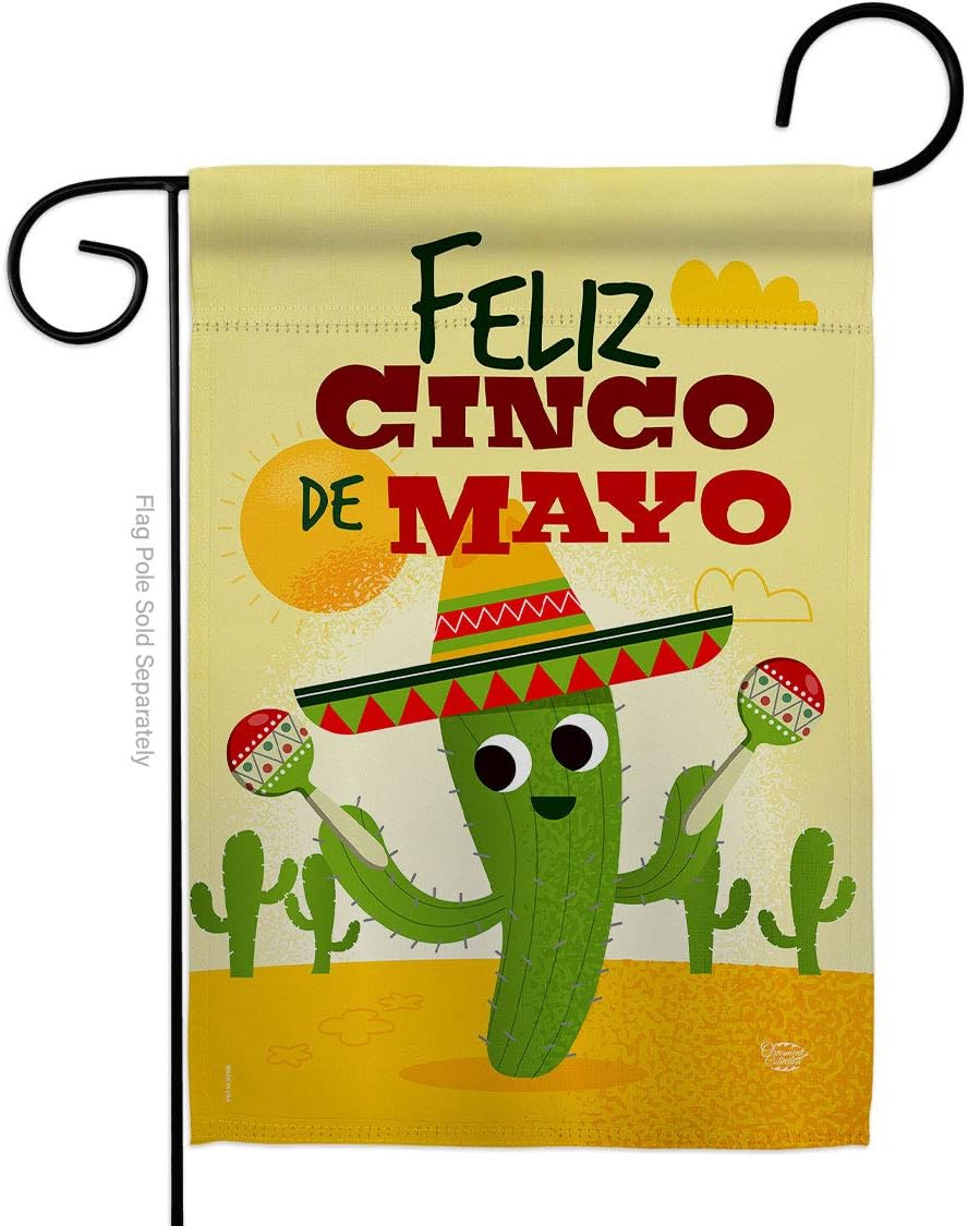 Feliz Cinco de Mayo Burlap Garden Flag Set Wall Holder Summertime Party Cactus Pinata Sombrero Mexican Fiesta Outdoor Small Decorative Gift Yard House Banner Double-Sided Made In USA 13 X 18.5