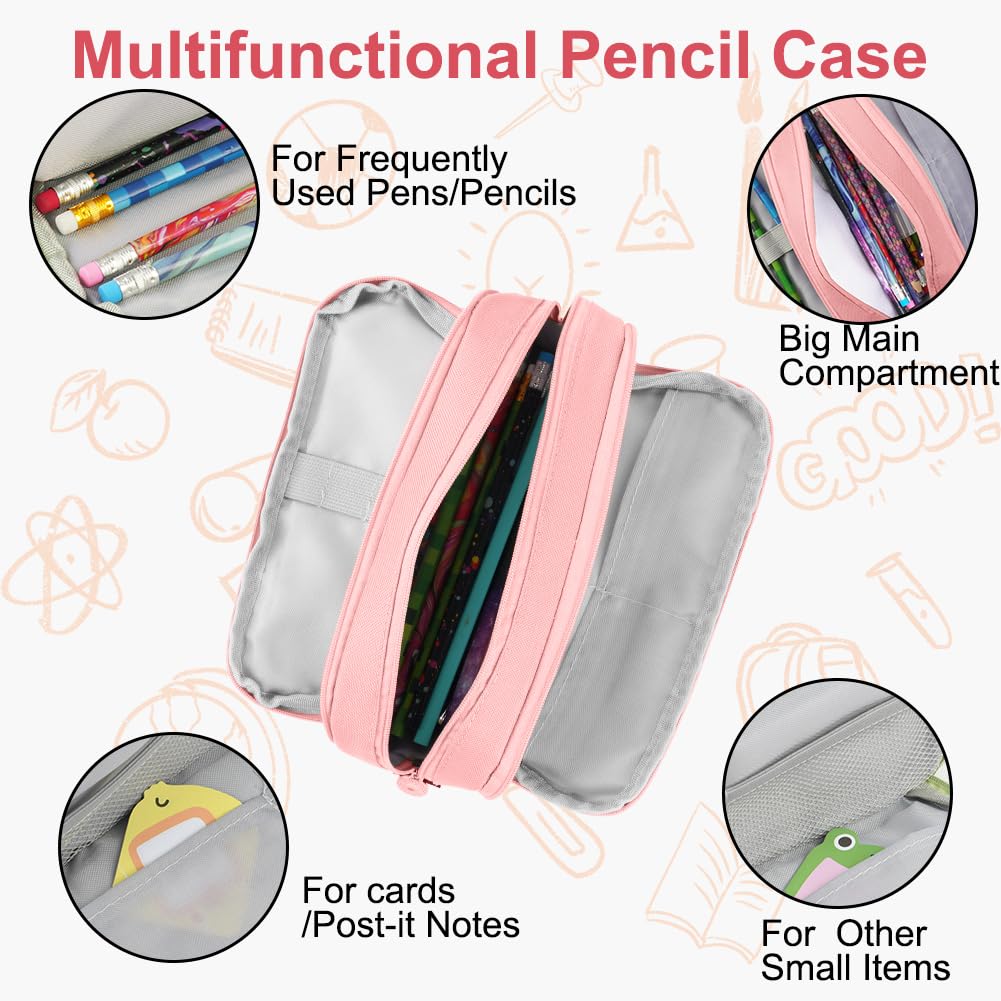 OFFCUP Large Capacity Pencil Case, Pencil Pouch for Girls Boys Adult, Pencil Cases with 3 Compartments, Simple Pencil Bag Makeup Bag Pen Holder Pencil Case Stationery Organizer School Supplies (Pink) - Image 3