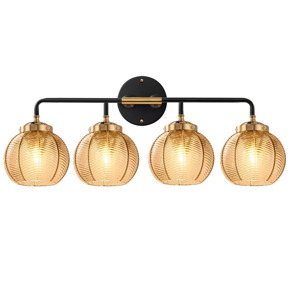 4Lights Bathroom Vanity Light Fixture Amber Glass Globe Wall Sconce | Mid Century Modern Vintage 5.9″‌ Ribbed Glass Shade Black Gold Finish 27.2″‌ for Bathroom Over Mirror Bedroom Hallway