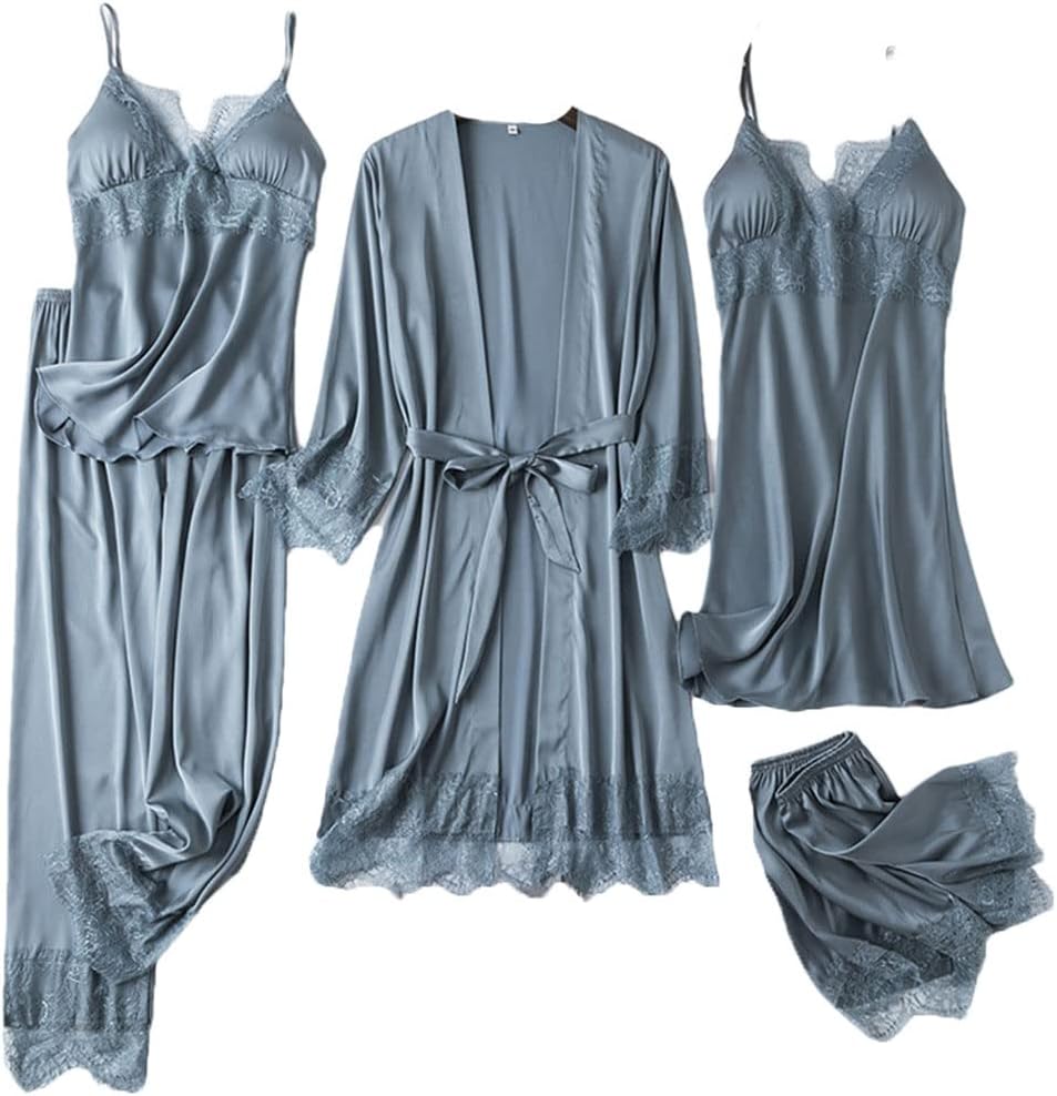 Haitpant Black 5Pcs Lace Satin Robe Gown Sets Sexy Womens Bathrobe Nightgown Suit Spring Sleepwear Home Kimono Pajamas