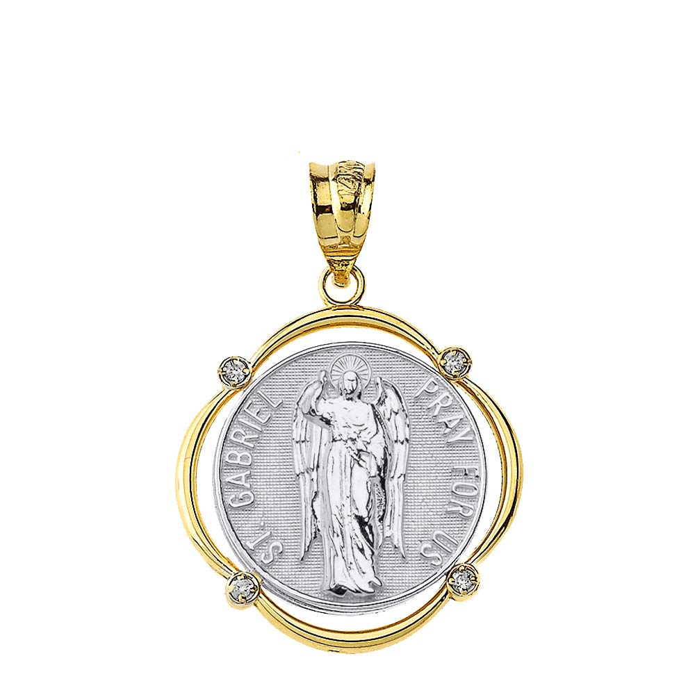 Solid 10k Two-Tone Gold St. Gabriel The Archangel Diamond Round Frame Pendant