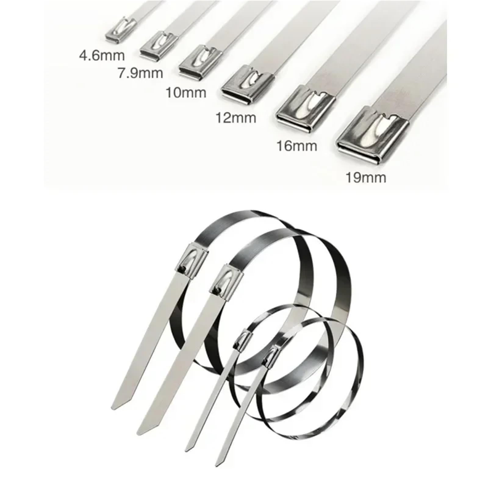 Bridas metálicas de Acero Inoxidable, Bridas for Cables de Acero Inoxidable 304, 100 Piezas, 4,6-12 mm x 100-600, autoblocantes(7.9mm,600mm)