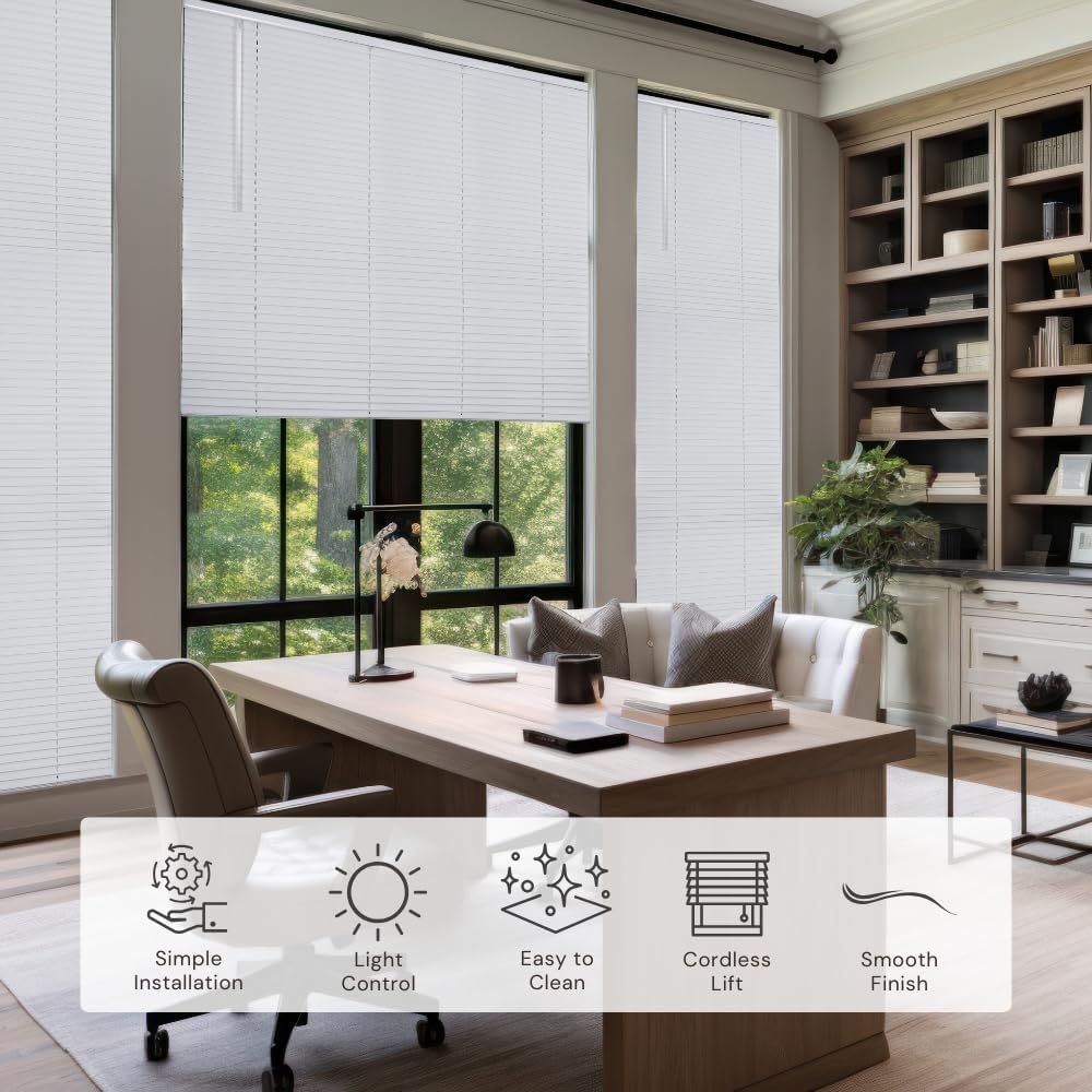 LOTUS & WINDOWARE Cordless 1 Aluminum Mini Blind 46 Wide x 60 Long, White, Room Darkening Metal Indoor Window Blinds for Home and Office