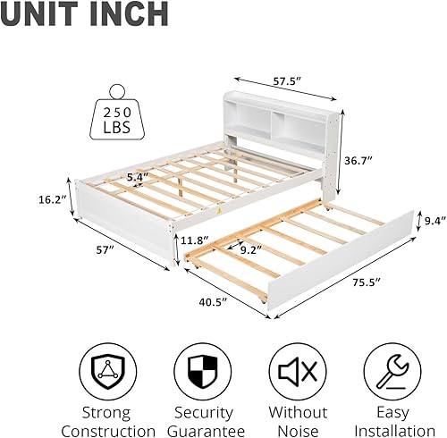 Miniatura 8 de Zaboro Cama individual con nido, cama de plataforma de tamaño individual con cabecera de estantería y cama nido extraíble, marco de cama individual