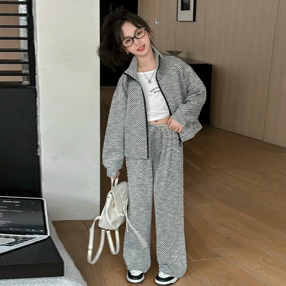 GLDFW - Conjunto de 2 piezas para niñas y adolescentes, a la moda, chaqueta a rayas y pantalones deportivos sueltos