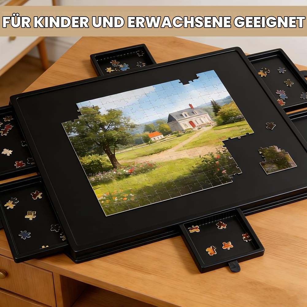 Puzzletisch 1000 Teile, Tragbarer Puzzlebrett mit 6 Schubladen, Schwarz | Leichter Filz-Aufbewahrungskoffer, Tragbare Puzzle Aufbewahrung für 1000 Teile, Kippbarer Puzzletisch, für Erwachsene Kinder
