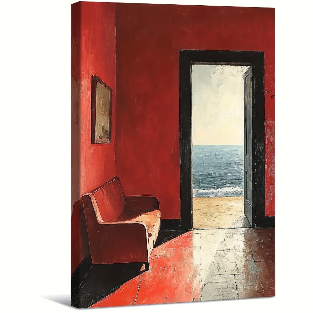 HNKDKJ Edward Hopper Nighthawks, poster minimalista vintage su tela incorniciata, decorazione da parete, rosso, pronto da appendere (80x115cm/31x45 pollici/con cornice)