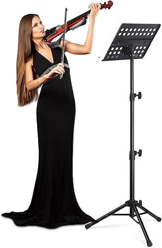 Vista 12 de Vekkia Soporte de metal profesional perforado para partituras con bolsa de transporte, soporte de música plegable ajustable, súper resistente