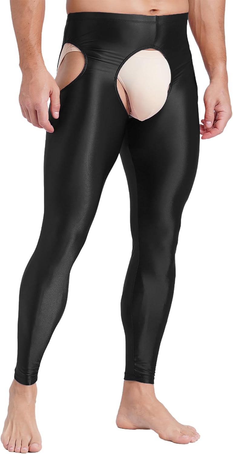 Hularka Men's Oily Shiny Hollow Out Leggings High Waist Compression Pants Workout Underwear