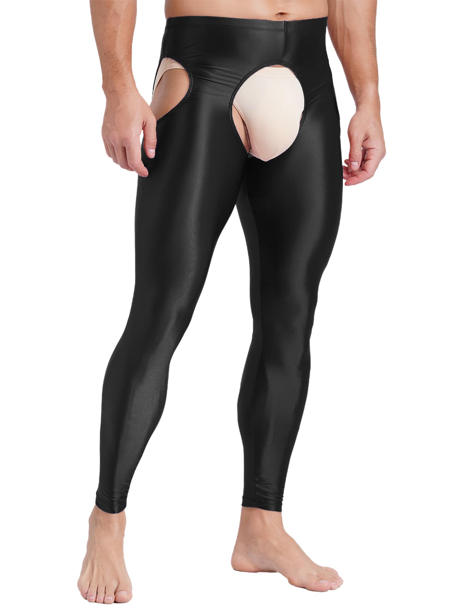 Vxuxlje Men's Oil Shiny Open Crotch Leggings High Waist Cut Out Leggings Compression Pants: XX-Large Black