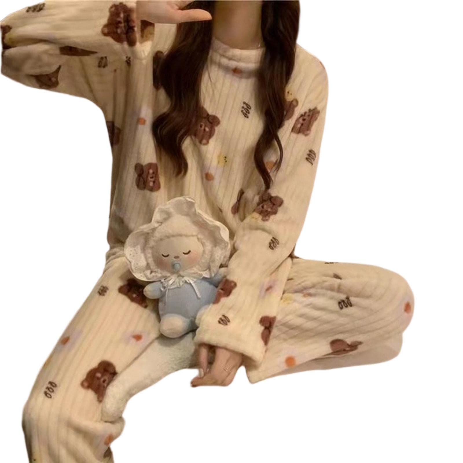 MOGSA Pijama para mujer, conjunto de pijama cálido para otoño e invierno, estampado de melocotón, ropa de dormir suave para mujer, conjunto de 2 piezas