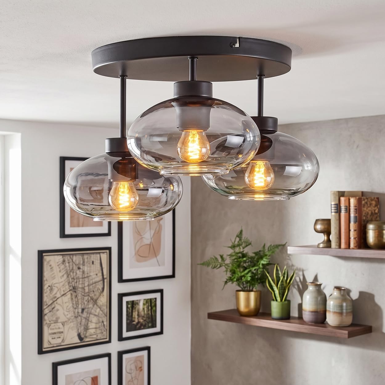 Haikala Ceiling Light, Modern Ceiling lamp Made of Metal/Glass in Black/Smoke, Retro/Vintage Design with lampshades Made of Smoked Glass (Ø 18,5 cm), 3-Flame, 3 x E27, Bulbs not Included