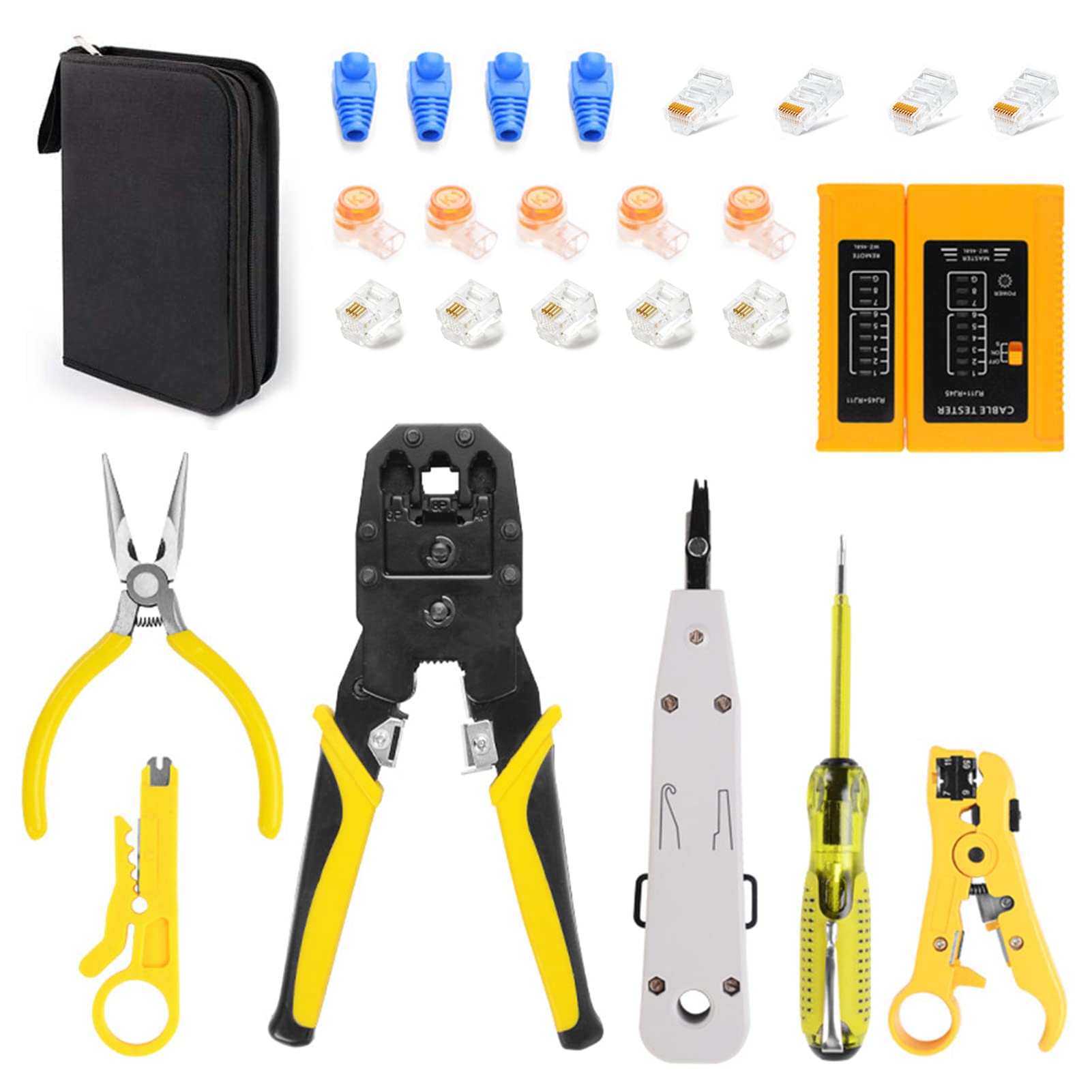 Beauenty Crimping Tool Kit, RJ11 RJ45 Cat5 Cat6, Telephone Wire Tracker, Line Finder Wire Crimper Wire Connector Stripper Cutter (Yellow)