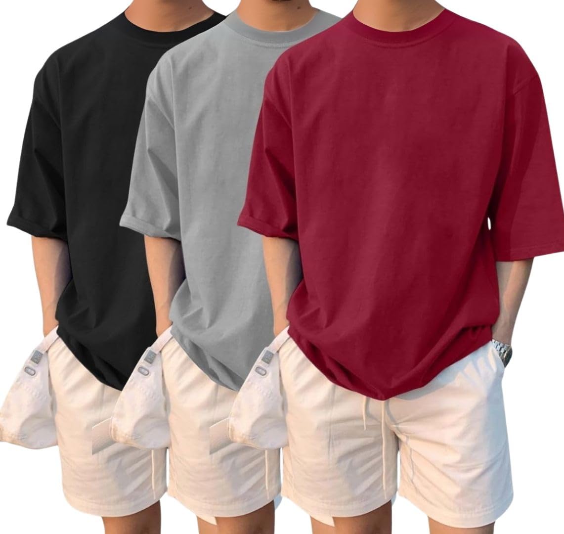 LEOTUDE Half Sleeve Oversized Tshirt for Men, Round Neck Cottonblend Drop Shoulder Solid T-Shirt