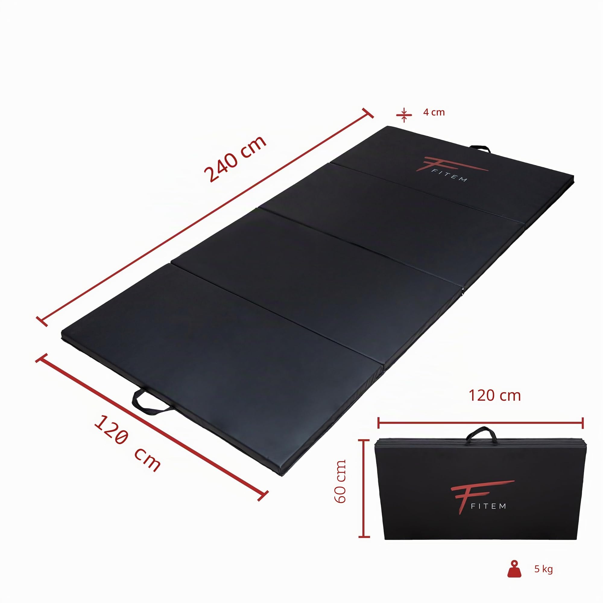 Fitem - Tappetino spesso pieghevole, alto di gamma, dimensioni: 240 x 120 x 4 cm o 180 x 60 x 4 cm, con maniglie di trasporto, per palestra, yoga, MMA, sport, ginnastica, fitness, pilates, esercizi per la muscolatura