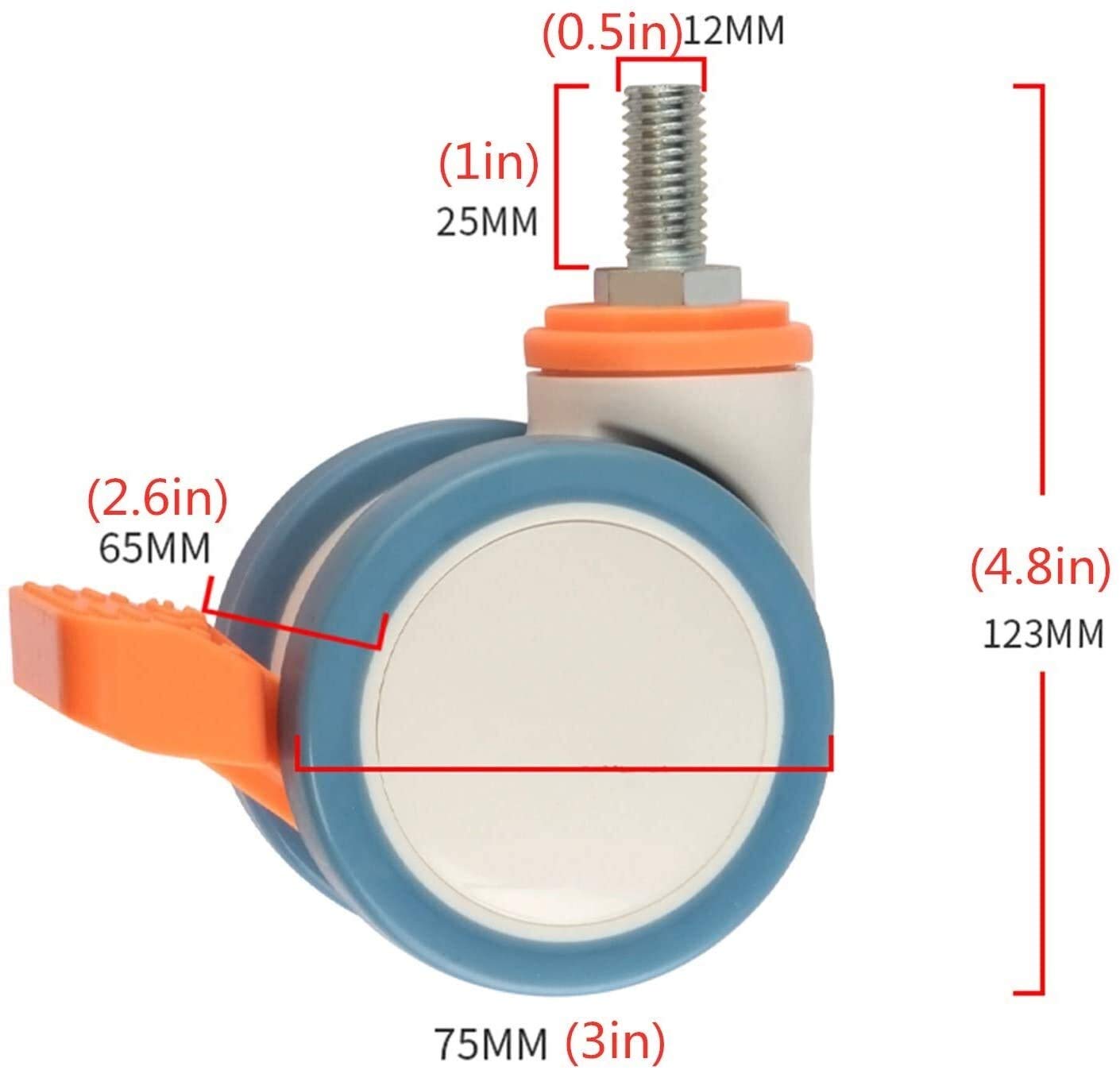 roulettes pivotantes en polyuréthane Robuste Roues pivotantes de Remplacement pour Meubles de Chariot, Roue Double de 75 mm, Tige filetée M12x25 mm, pour équipement de beauté médic