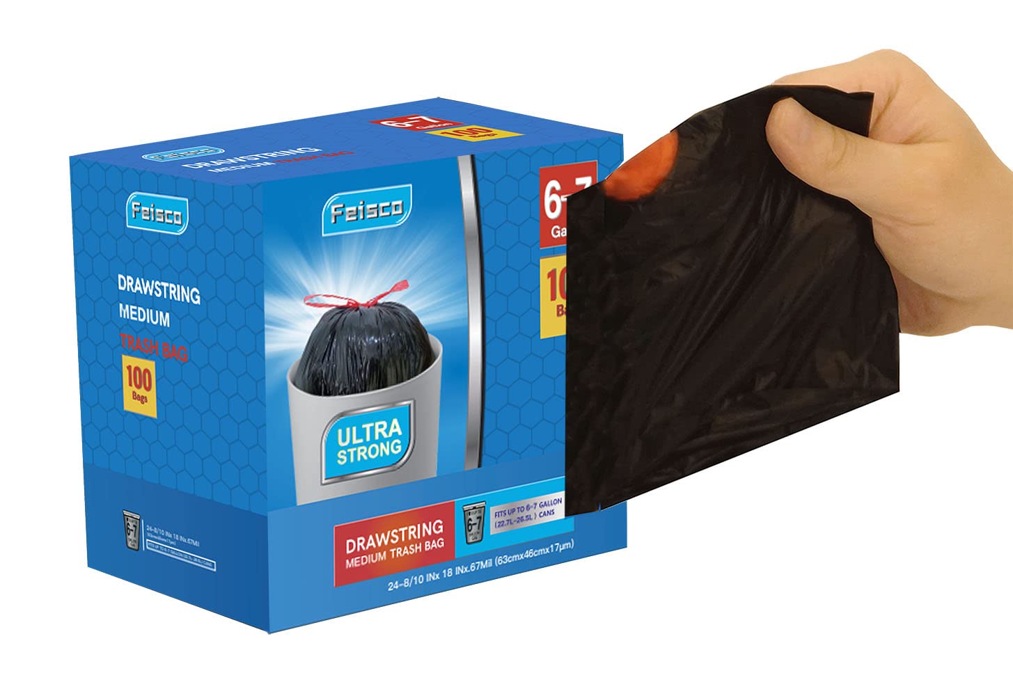 Feisco6-7 Gallon Black Trash Bag,Medium Drawstring Garbage Bag Trash Can Liner,100 Counts,0.67 Mil