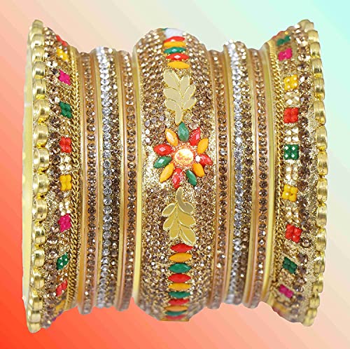 Image of NMII Traditional Gold Plated Acrylic Bangles Bridal Chuda Set For Women & Girls with Zircon Diamond & Pearls Beads Work | Royal Wedding Chudas | Premium Look | Bangles For Wedding, Festive, Function