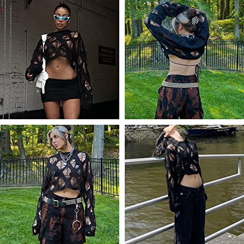 Ypser Women's Y2K Patchwork Crochet Shrug Sweater Open Front Long Sleeve Knitted Bolero Top4