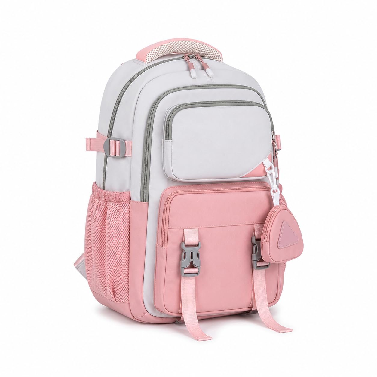 Casual School & College Backpack for Boys and Girls, 45 x 33 x 17 cm, Multi-Compartment Lightweight Water-Resistant Travel Bag with Side Pockets and Adjustable Shoulder Straps, Beige & Pink-image-10