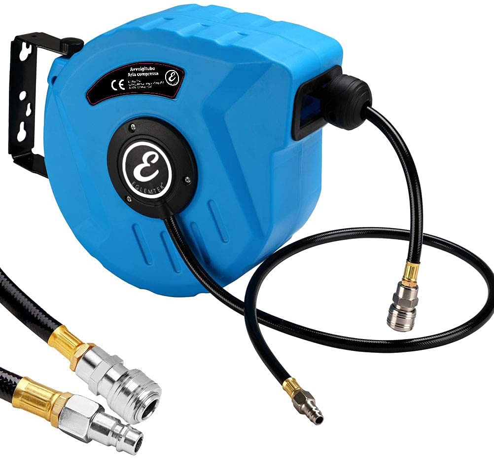 Cumana Avvolgitubo Aria Compressa con Tubo Professionale Attacco 1/​4" Fissaggio a Parete Sistema Blocco Automatico Riavvolgitore Auto Stop Accessorio Compressore Salvaspazio Pressione 24 Bar 10 + 1 Mt