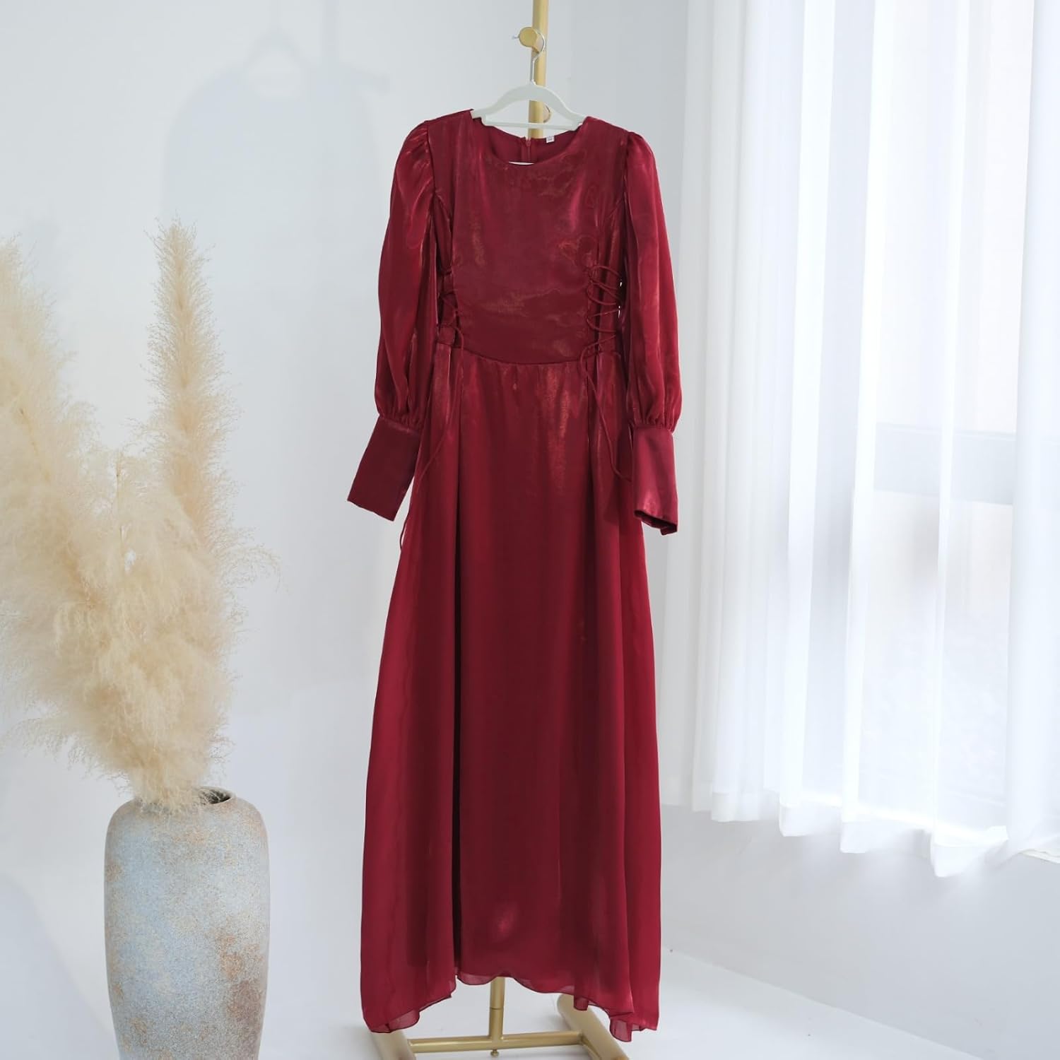 Hanimeli Women's Organza Abaya Evening Gown with Corset Detail Long Puff Sleeves Maxi Dress Special Occasions Wedding Prom