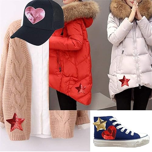 Miniatura 5 de Ximkee Paquete de 10 parches bordados brillantes de lentejuelas de 5 estrellas, para coser y planchar, color rojo