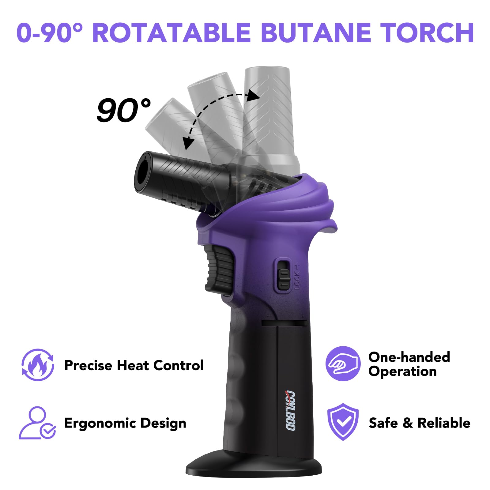 Encendedor de butano, ángulo giratorio de 0 a 90°, encendedor de butano, linterna de cocina recargable con bloqueo de seguridad (morado y negro)