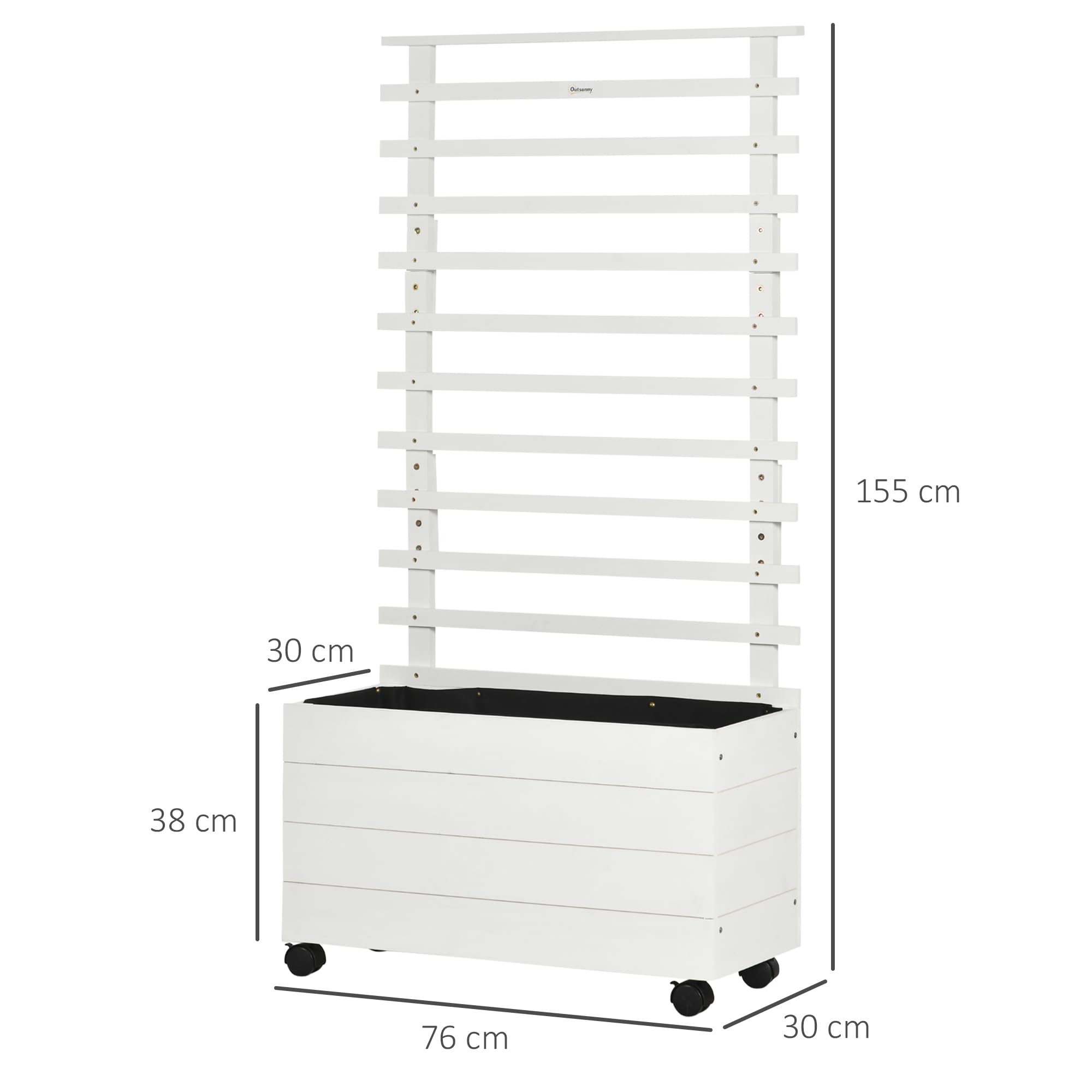 Outsunny Jardinera con Enrejado de Madera Macetero de Jardín con 4 Ruedas Soporte para Trepadora y Tela no Tejida para Cultivos Plantas Verduras en Exterior 76x30x155 cm Blanco