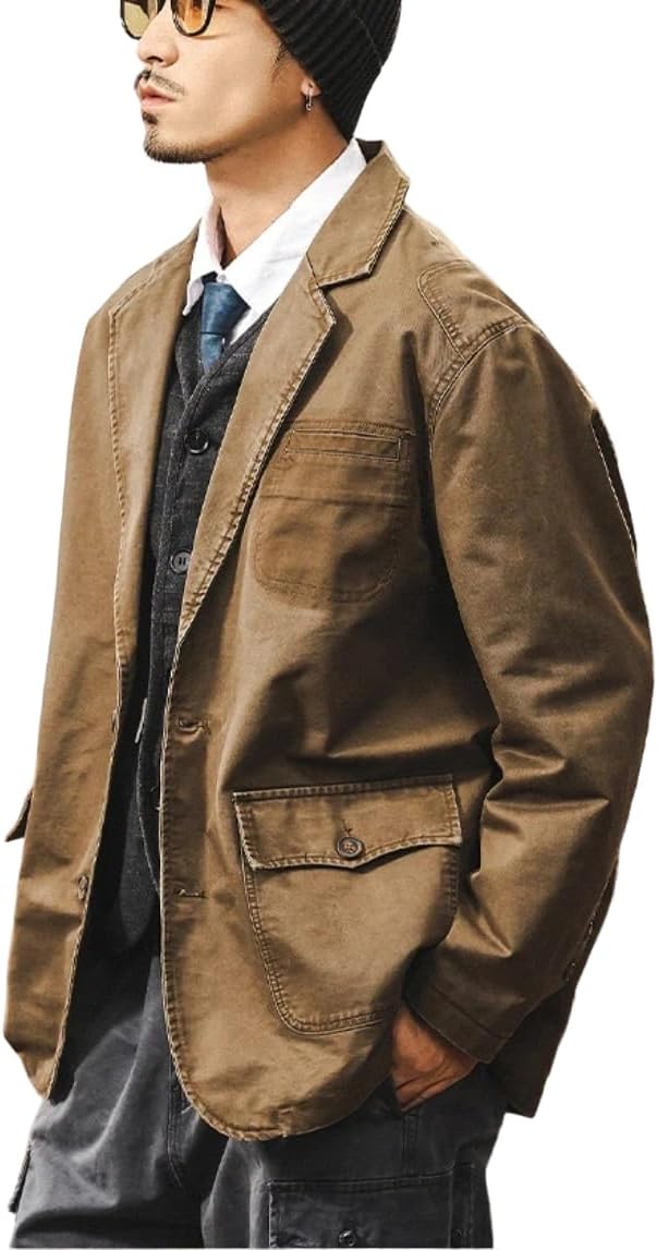 Men's Retro Solid Color 100% Cotton Distressed Washed Suit Jacket