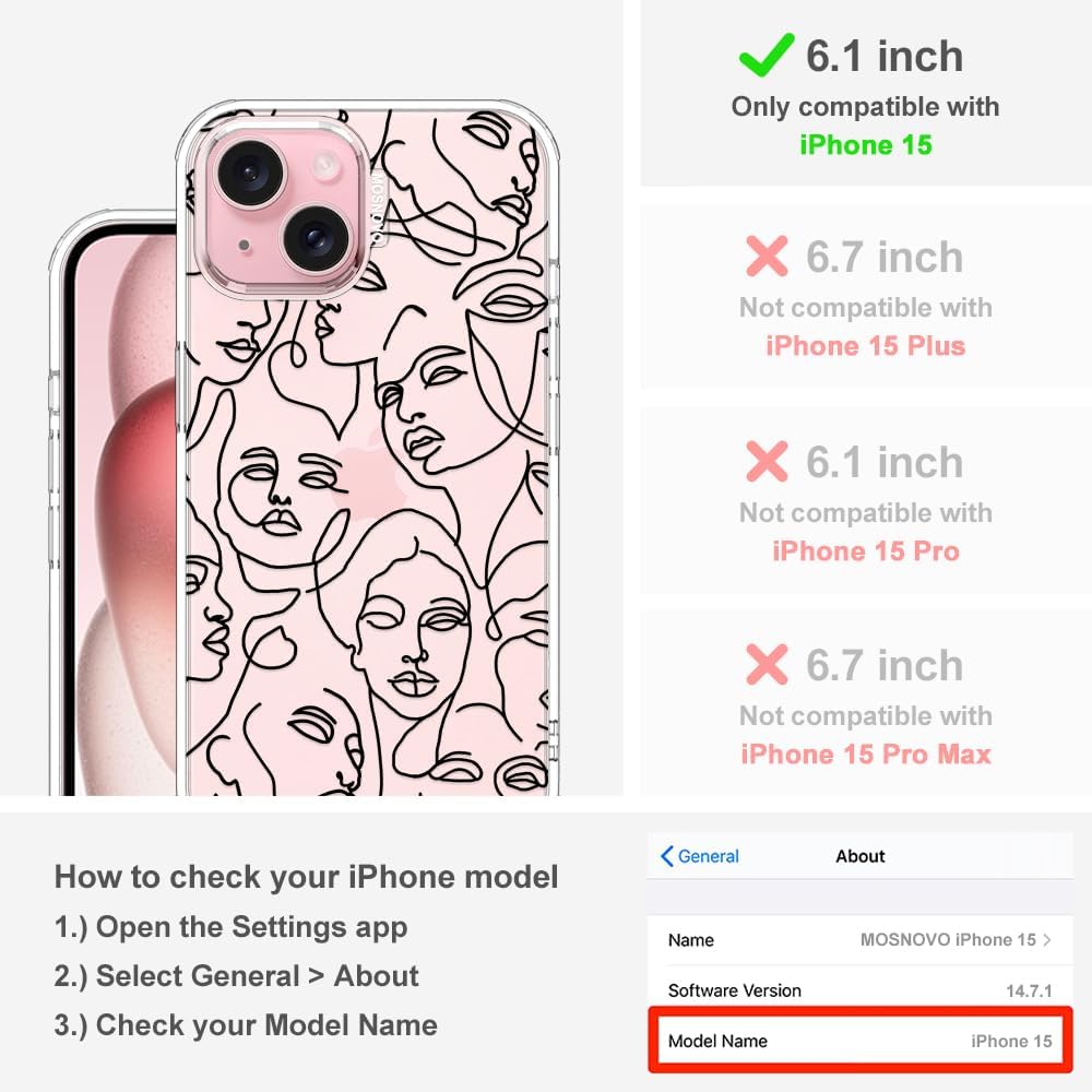 MOSNOVO Case for iPhone 15, [Buffertech 6.6ft Military-Grade Drop Protection] [Anti Peel Off Tech] Clear TPU Bumper Phone Case Cover Design - Abstract Face Line Art - Image 2