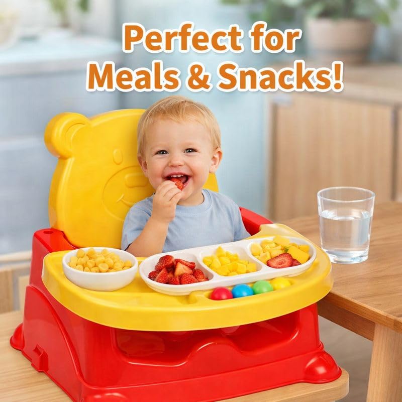 Image of Braintastic 6-in-1 Baby Booster Seat Cum Feeding High Chair | Multipurpose Floor, Dining & Play Seat for Toddlers | Detachable Tray with Toy Balls | Yellow & Red