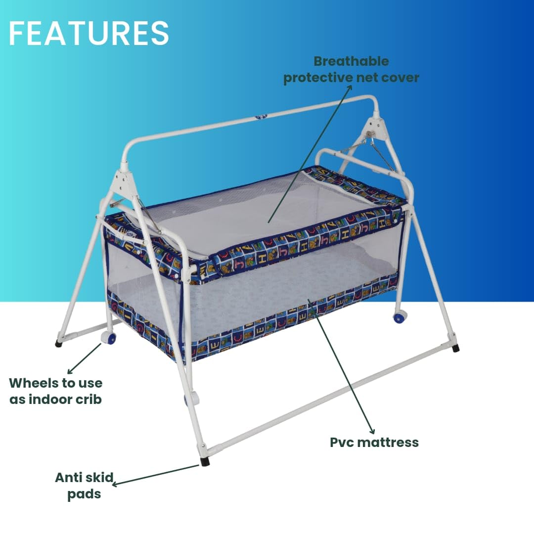 Natraj Sleepwell Baby Cradle, Swing, Ghodiya, Palna, Jhula, Totil - Hammock Style, Compact Folding, Breathable Net Cover, Anti-Skid Pad, 0 to 12 Months - CC31-STD-BLUE