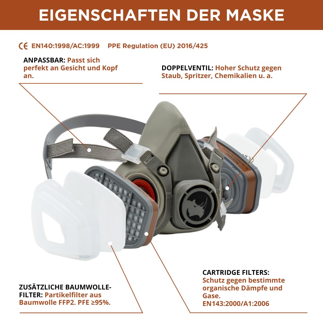 RHINO Smart Solutions Atemschutzmaske Gase Dämpfe | Gasmaske mit A1P2 Filter für Lackier, Feinstaub, Arbeitein, Schleifen | Staubmasken, Handschuhe, Schutzbrille, Patronen und Staubfilter