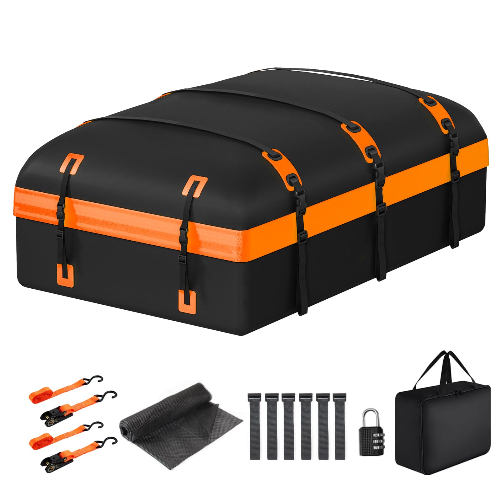 Car Rooftop Cargo Carrier Bag, 30 Cubic Feet Waterproof Soft-Shell Car Roof Bag for All Vehicle with/Without Rack, Include Anti-Slip Mat, Reinforced Straps, Door Hooks Luggage Lock (Orange)