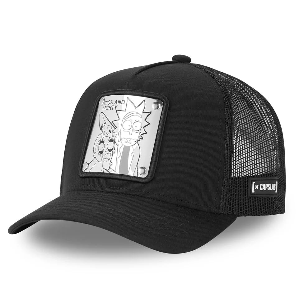 Capslab Casquette Trucker Rick et Morty | Patch avant, taille unique, fermeture à pression, visière incurvée, respirante | Maille et partie avant noires | Casquette de camionneur homme et femme
