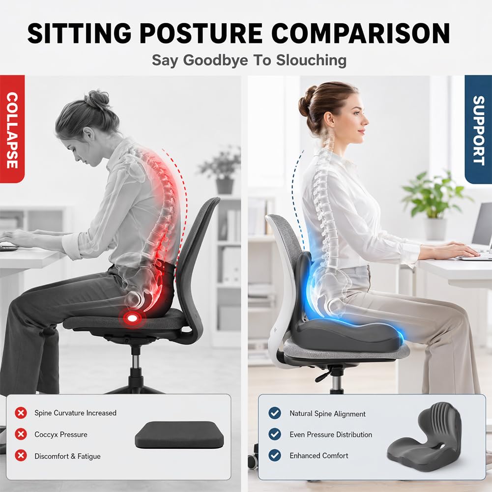 Gohytal Cojín de asiento para silla de oficina con respaldo, cojín ortopédico, asiento en forma de L y cojín lumbar de espuma viscoelástica, soporte lumbar para silla de oficina, asiento de coche