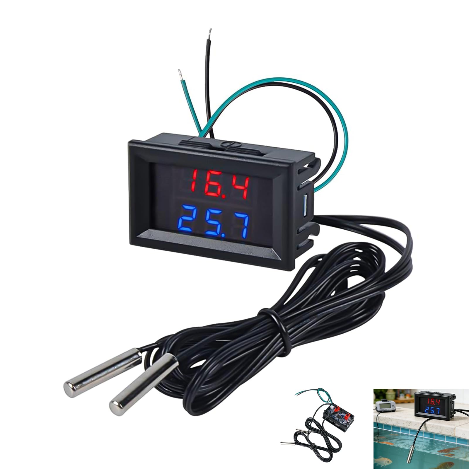 Termometro digitale a LED doppio display con 2 sonde impermeabili DC 4-28V -55°C a +120°C per acquario frigorifero incubatore