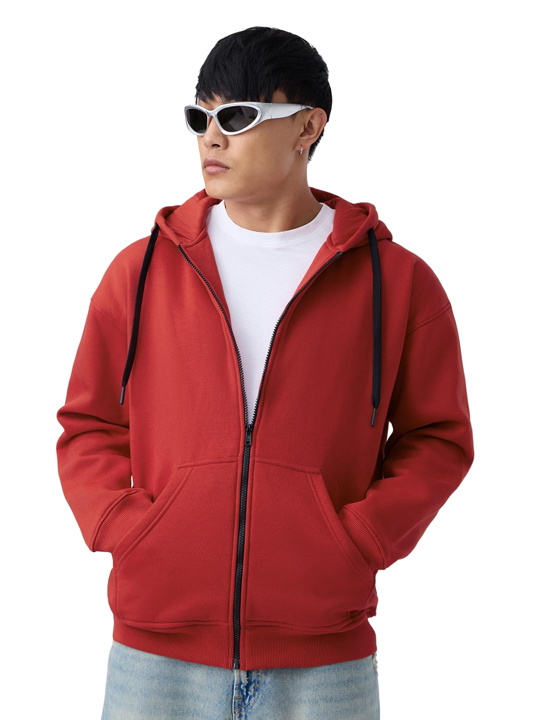 Blazing Red Men and Boys Full Sleeves Hooded Neck New Basic Solid Cotton Blend Lightweight Breathable Everyday Zipper Oversized Hoodie-image-27