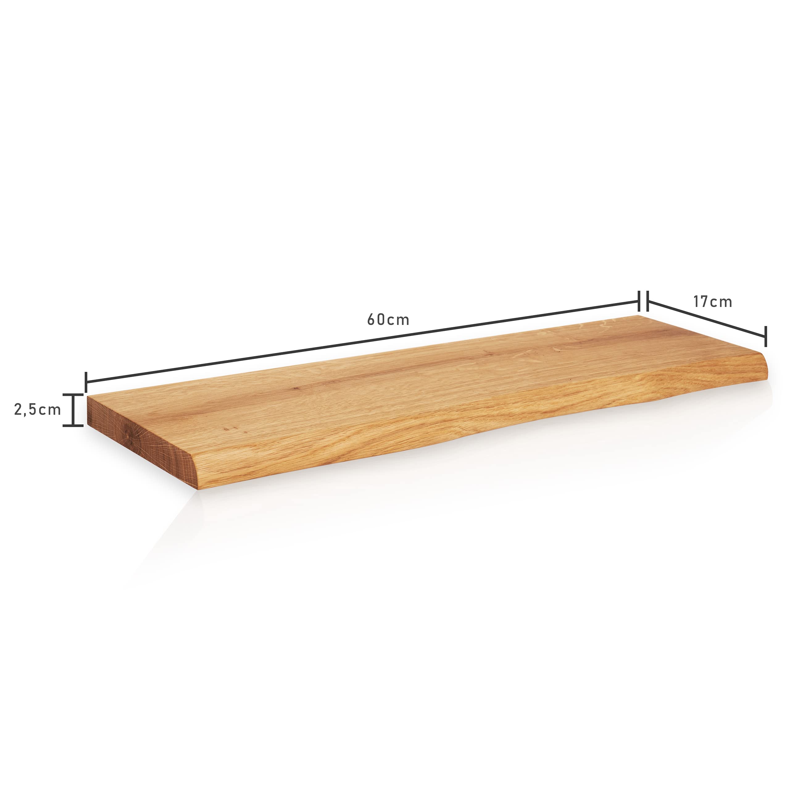 Heimatspäne Freischwebendes Regalbrett Baumkante 60cm [echtes Eichenholz] – Wandregal Eiche massiv – Echtholz Regal inkl. Montagematerial – Wandboard Holz rustikal in echter Handarbeit gefertigt